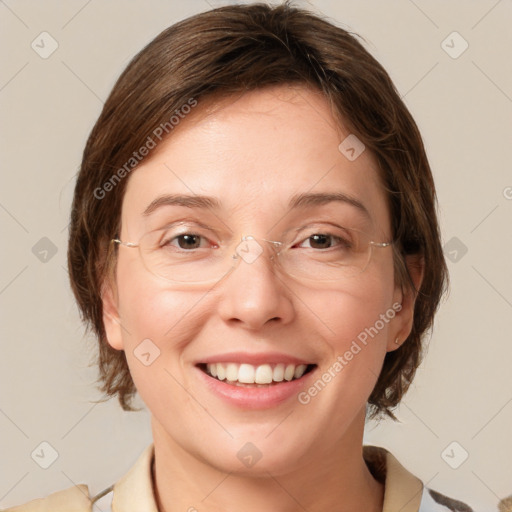 Joyful white adult female with medium  brown hair and grey eyes