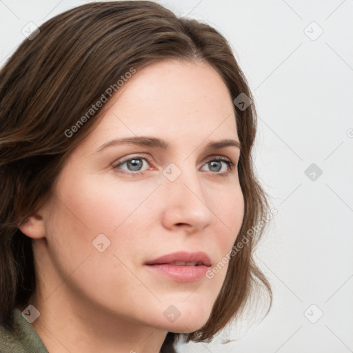 Neutral white young-adult female with medium  brown hair and grey eyes