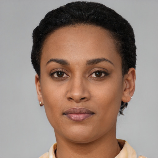 Neutral black young-adult female with short  brown hair and brown eyes