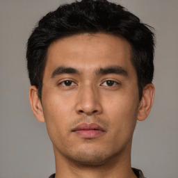 Neutral asian young-adult male with short  black hair and brown eyes