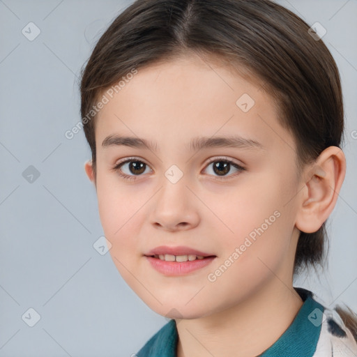 Joyful white child female with medium  brown hair and brown eyes