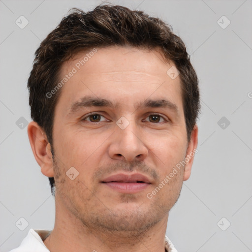 Neutral white adult male with short  brown hair and brown eyes