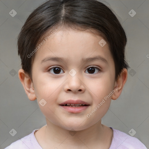 Joyful white child female with short  brown hair and brown eyes