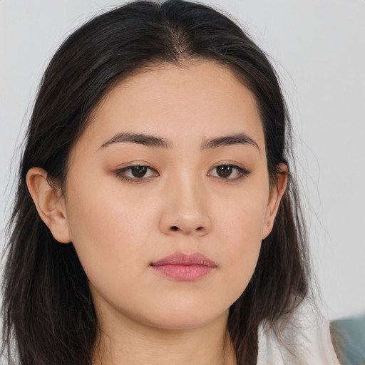 Neutral asian young-adult female with long  brown hair and brown eyes