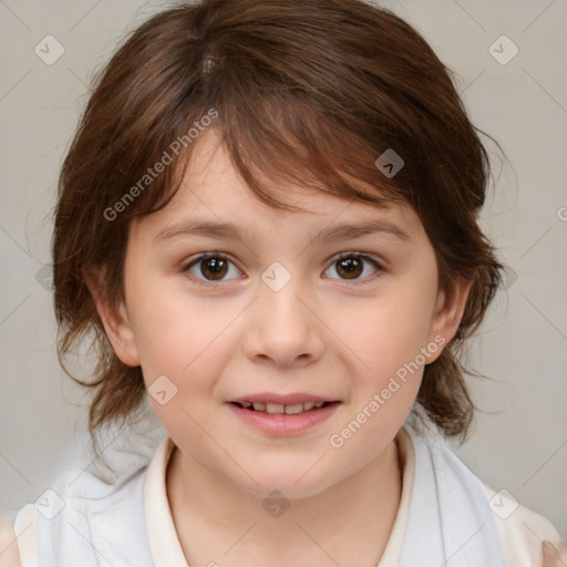 Joyful white child female with medium  brown hair and brown eyes