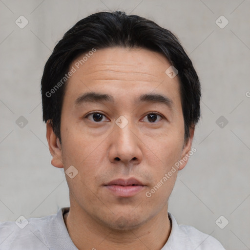 Neutral asian young-adult male with short  black hair and brown eyes