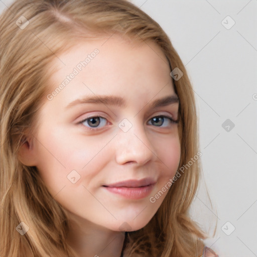 Joyful white young-adult female with long  brown hair and blue eyes