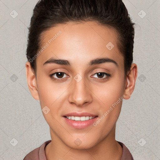 Joyful white young-adult female with short  brown hair and brown eyes