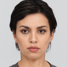 Neutral asian young-adult female with medium  black hair and brown eyes