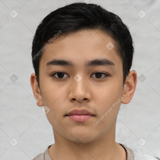 Neutral asian young-adult male with short  black hair and brown eyes