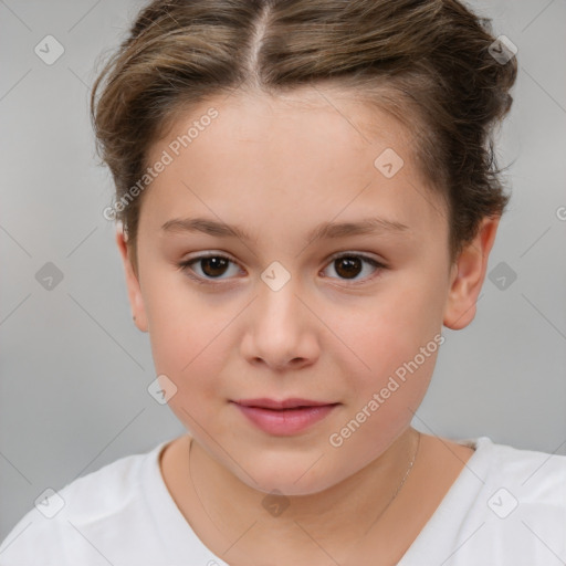 Joyful white child female with short  brown hair and brown eyes