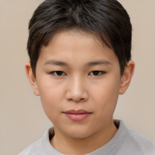 Joyful asian child female with short  brown hair and brown eyes