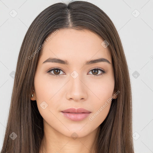 Neutral white young-adult female with long  brown hair and brown eyes