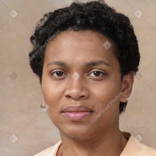 Neutral black young-adult female with short  brown hair and brown eyes