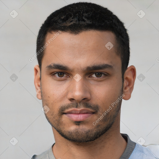 Neutral latino young-adult male with short  black hair and brown eyes