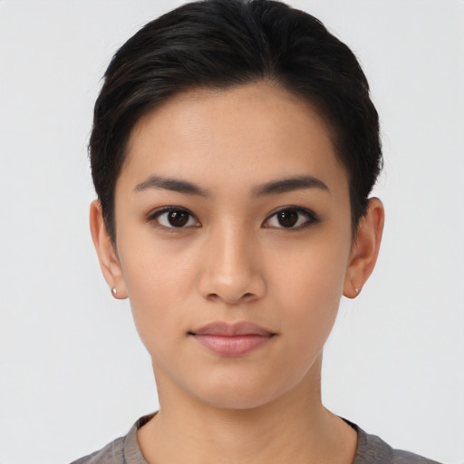 Neutral asian young-adult female with short  black hair and brown eyes