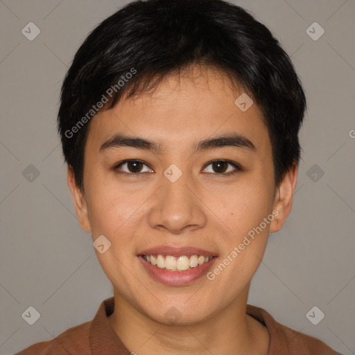 Joyful white young-adult female with short  brown hair and brown eyes