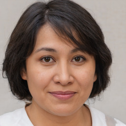 Joyful white adult female with medium  brown hair and brown eyes