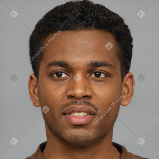 Joyful latino young-adult male with short  brown hair and brown eyes