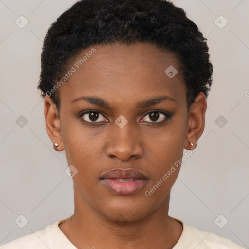 Neutral black young-adult female with short  black hair and brown eyes