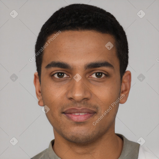 Neutral black young-adult male with short  black hair and brown eyes