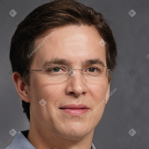 Joyful white adult male with short  brown hair and grey eyes