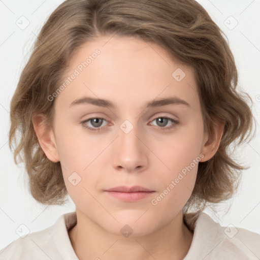 Neutral white young-adult female with medium  brown hair and brown eyes