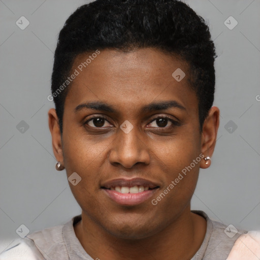 Joyful black young-adult male with short  brown hair and brown eyes