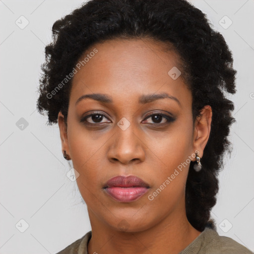 Neutral black young-adult female with short  black hair and brown eyes