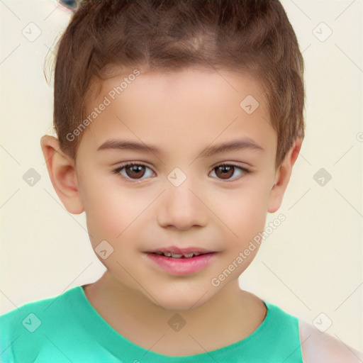 Joyful white child male with short  brown hair and brown eyes