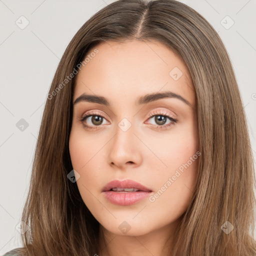 Neutral white young-adult female with long  brown hair and brown eyes