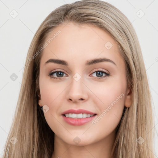 Joyful white young-adult female with long  brown hair and grey eyes