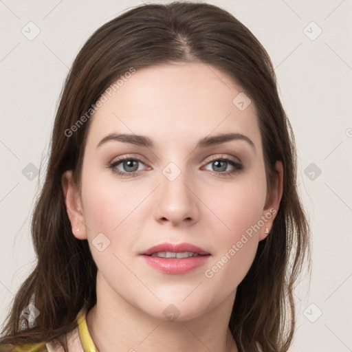 Neutral white young-adult female with medium  brown hair and grey eyes