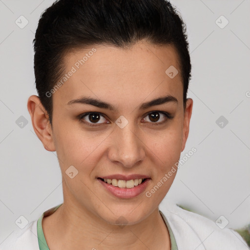 Joyful white young-adult female with short  brown hair and brown eyes