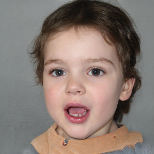 Joyful white child female with medium  brown hair and blue eyes