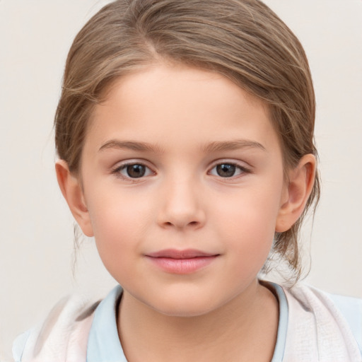 Neutral white child female with medium  brown hair and grey eyes