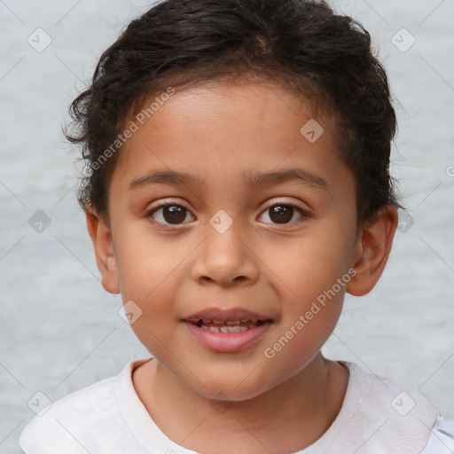 Joyful white child female with short  brown hair and brown eyes