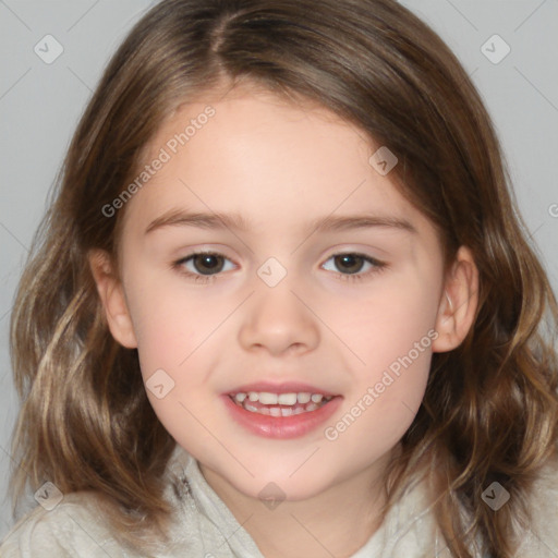 Joyful white child female with medium  brown hair and brown eyes