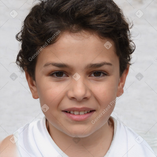 Joyful white child female with short  brown hair and brown eyes