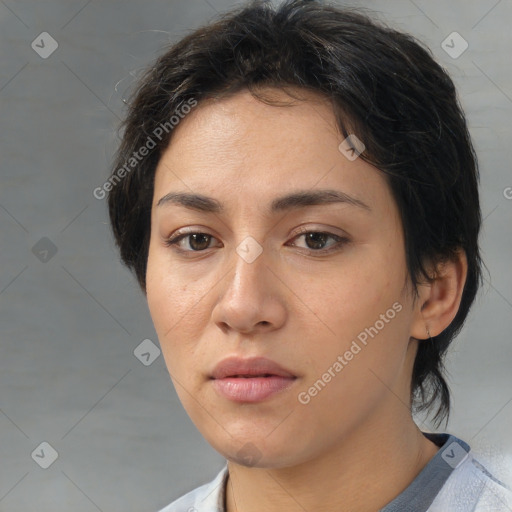 Neutral white young-adult female with medium  brown hair and brown eyes