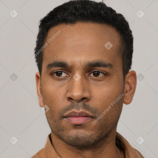 Neutral latino young-adult male with short  black hair and brown eyes