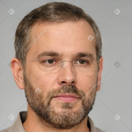 Neutral white adult male with short  brown hair and brown eyes