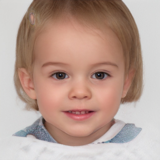 Joyful white child female with medium  brown hair and blue eyes