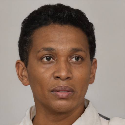 Neutral black adult male with short  black hair and brown eyes