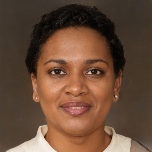 Joyful black adult female with short  brown hair and brown eyes