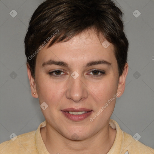 Joyful white young-adult female with short  brown hair and brown eyes