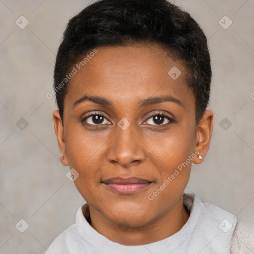 Joyful black young-adult female with short  brown hair and brown eyes