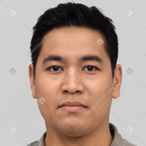 Neutral asian young-adult male with short  black hair and brown eyes