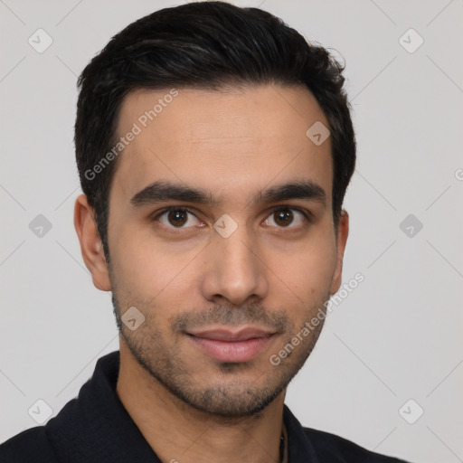 Neutral latino young-adult male with short  black hair and brown eyes