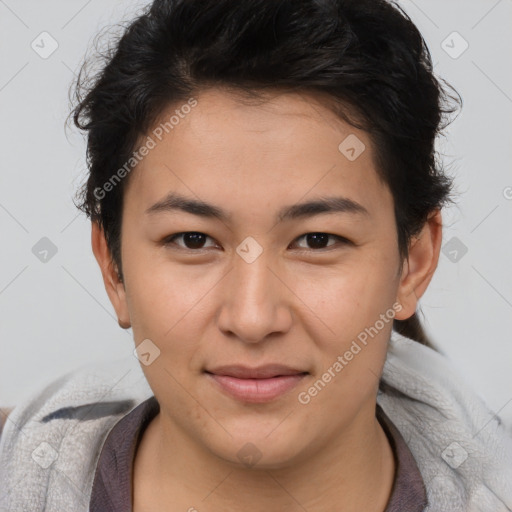 Joyful asian young-adult female with short  brown hair and brown eyes